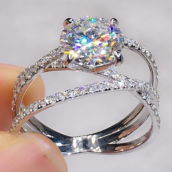 Engagement CZ Clear Super Large Silver Plated Wedding Beautiful Ring K993
